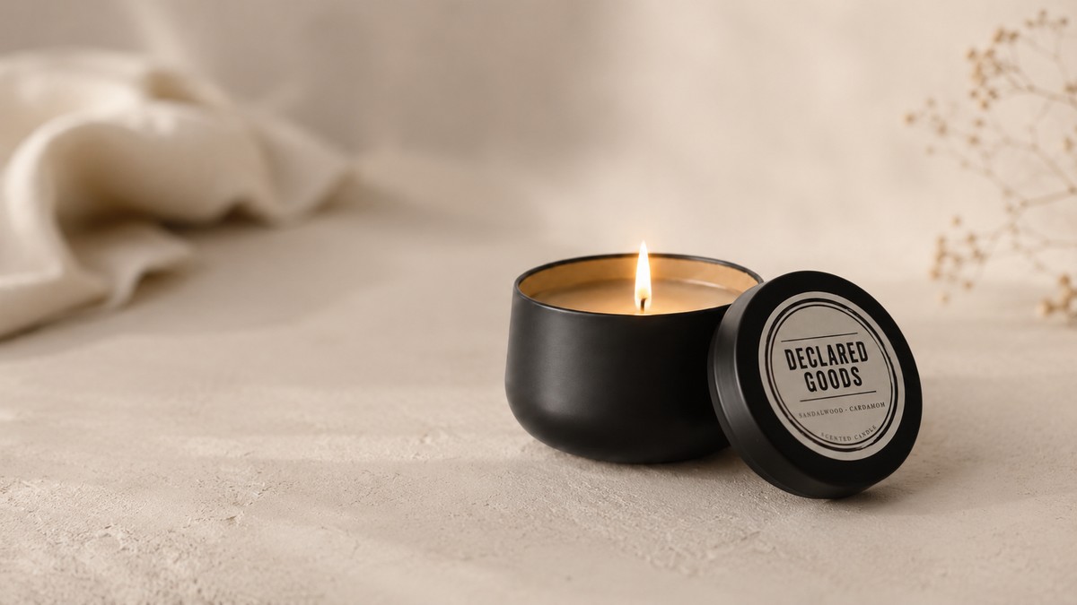 A black metal candle tin with a lit flame sits on a light beige textured surface, with its lid placed beside it. The lid features a circular white label that reads 'DECLARED GOODS'.